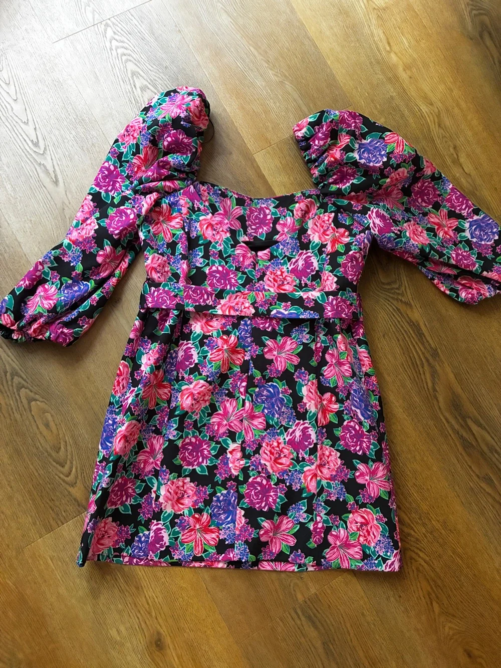 Zara Floral Puff Sleeve Belted Mini Dress - Picture 2 of 5